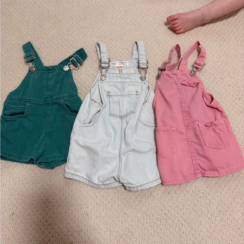 Zara Kids Denim Shortalls set of three in Green, Light Blue & Pink